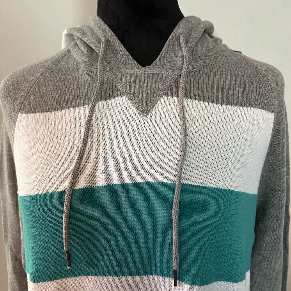 Carbon Mens Large Grey Teal White Striped‎ 100% Cotton Knit Pullover Hoodie